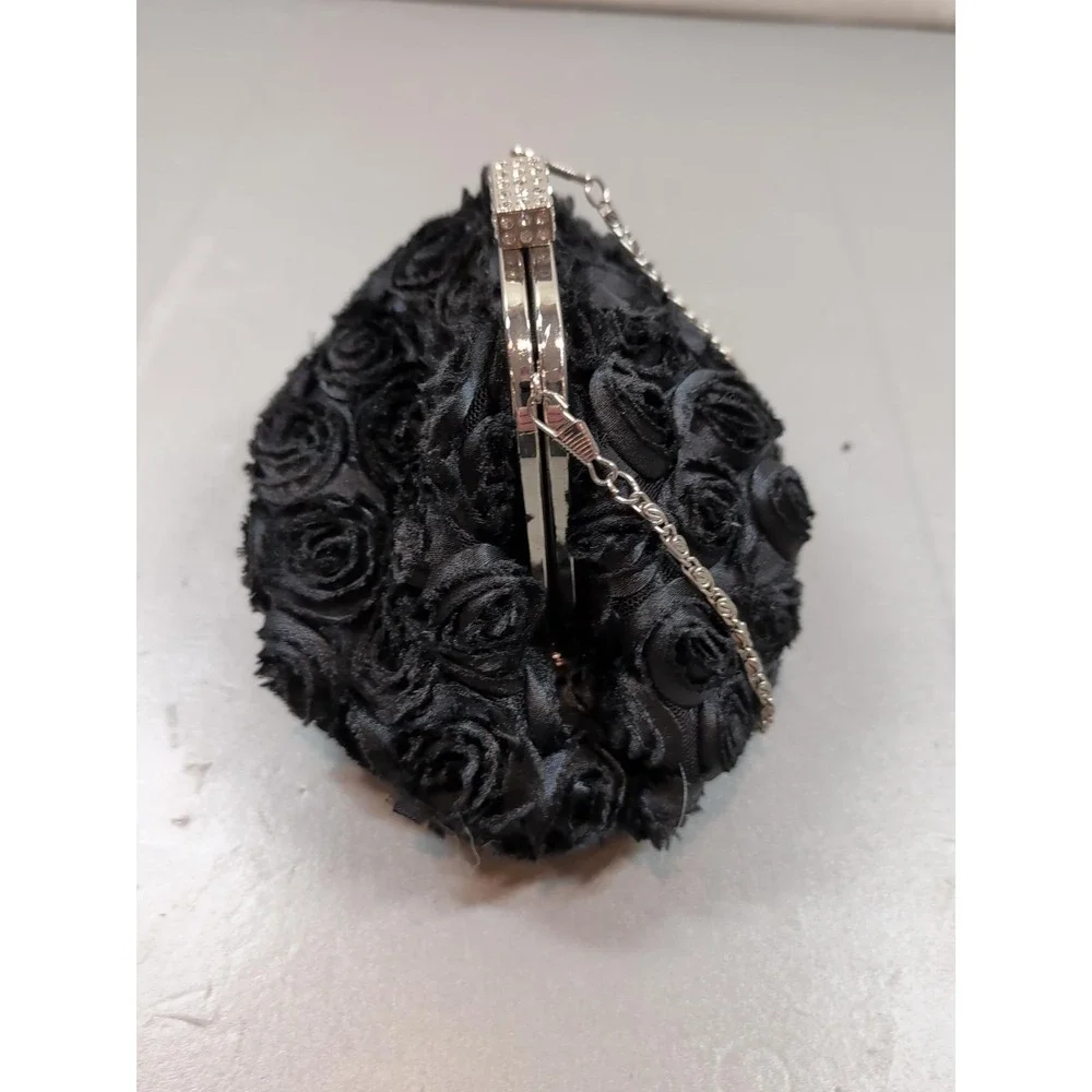 Black Rosette Evening Clutch Purse Floral Rhinestone Wedding Prom Formal Bag